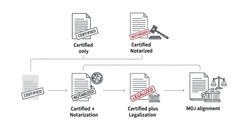 Certified Translation in Saudi Arabia: The Complete Guide to Legally Accepted Documents 2 Decision tree showing Certified only, Certified plus Notarization, Certified plus Legalization, and MOJ alignment
